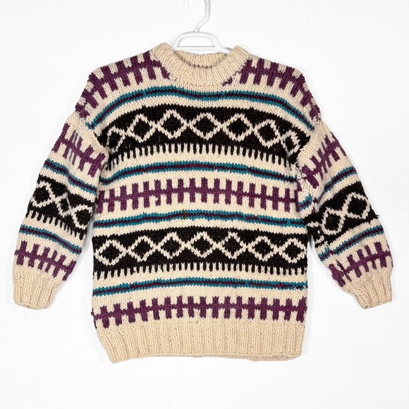 VTG Heavy Chunky Knit Geometric Sweater Size M Mock Neck Hand Knit Fair Isle - Picture 2 of 8